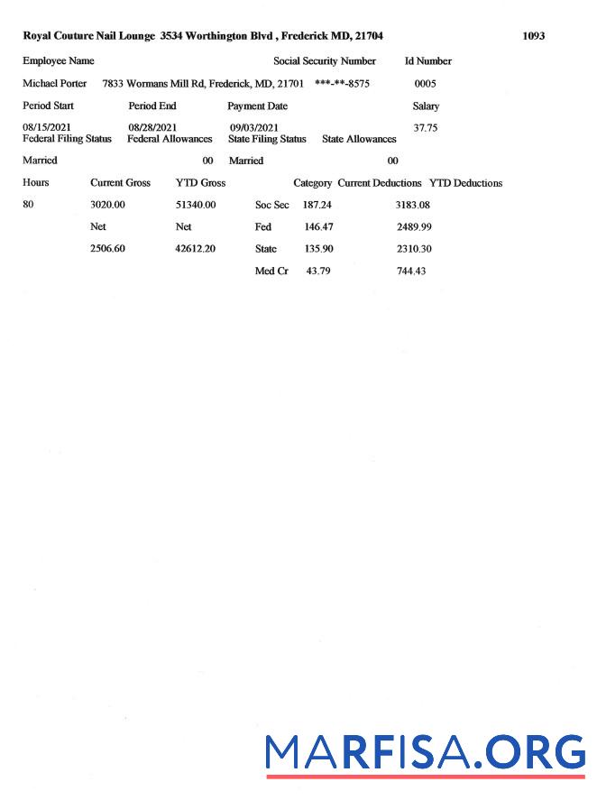 Blank Royal Couture NAIL Lounge pay stub real example